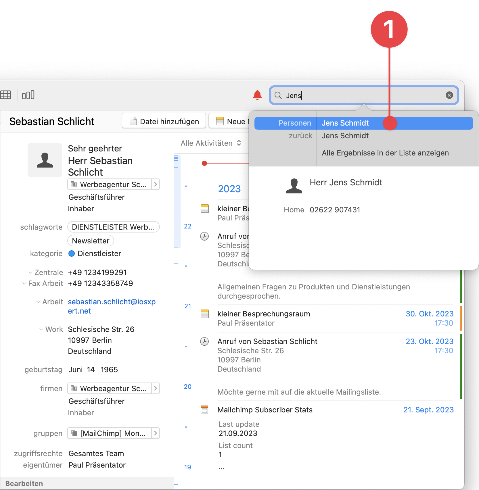 Quick Search showing matching contacts