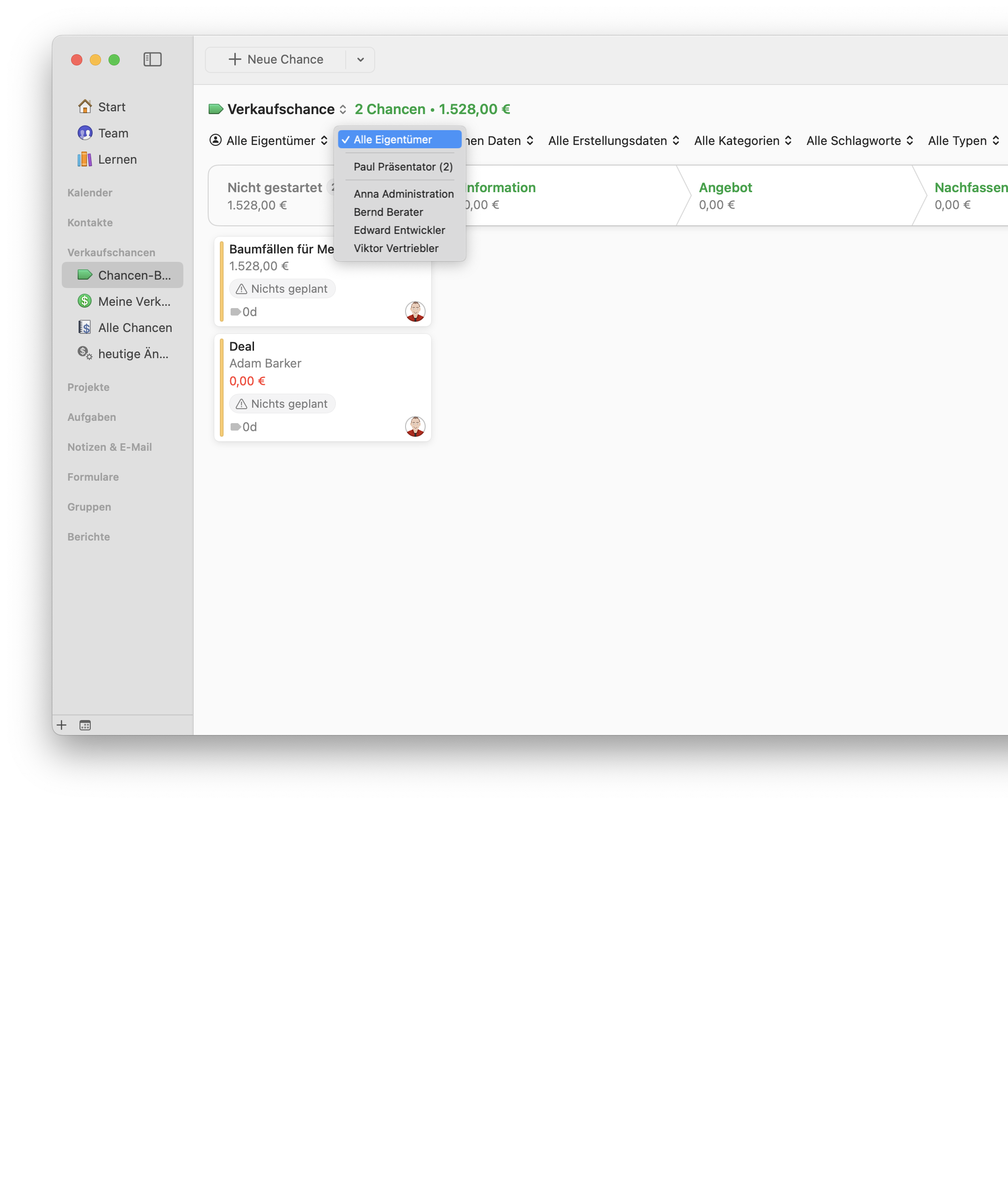 Opportunites Board showing filter by owner