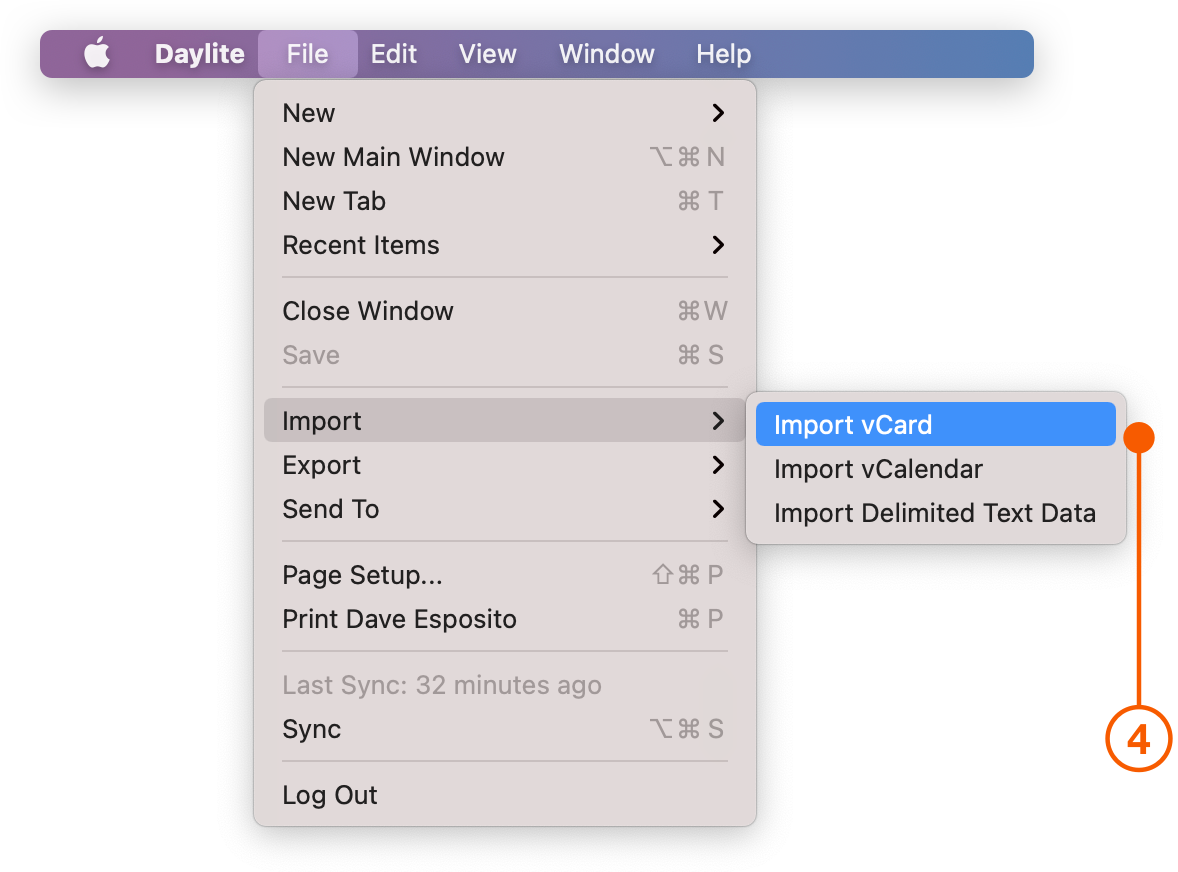 Daylite menu selecting Import vCard