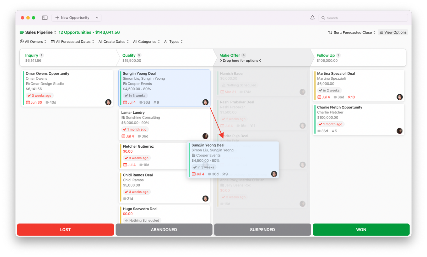 Opportunites Board moving opportunity from one stage to another