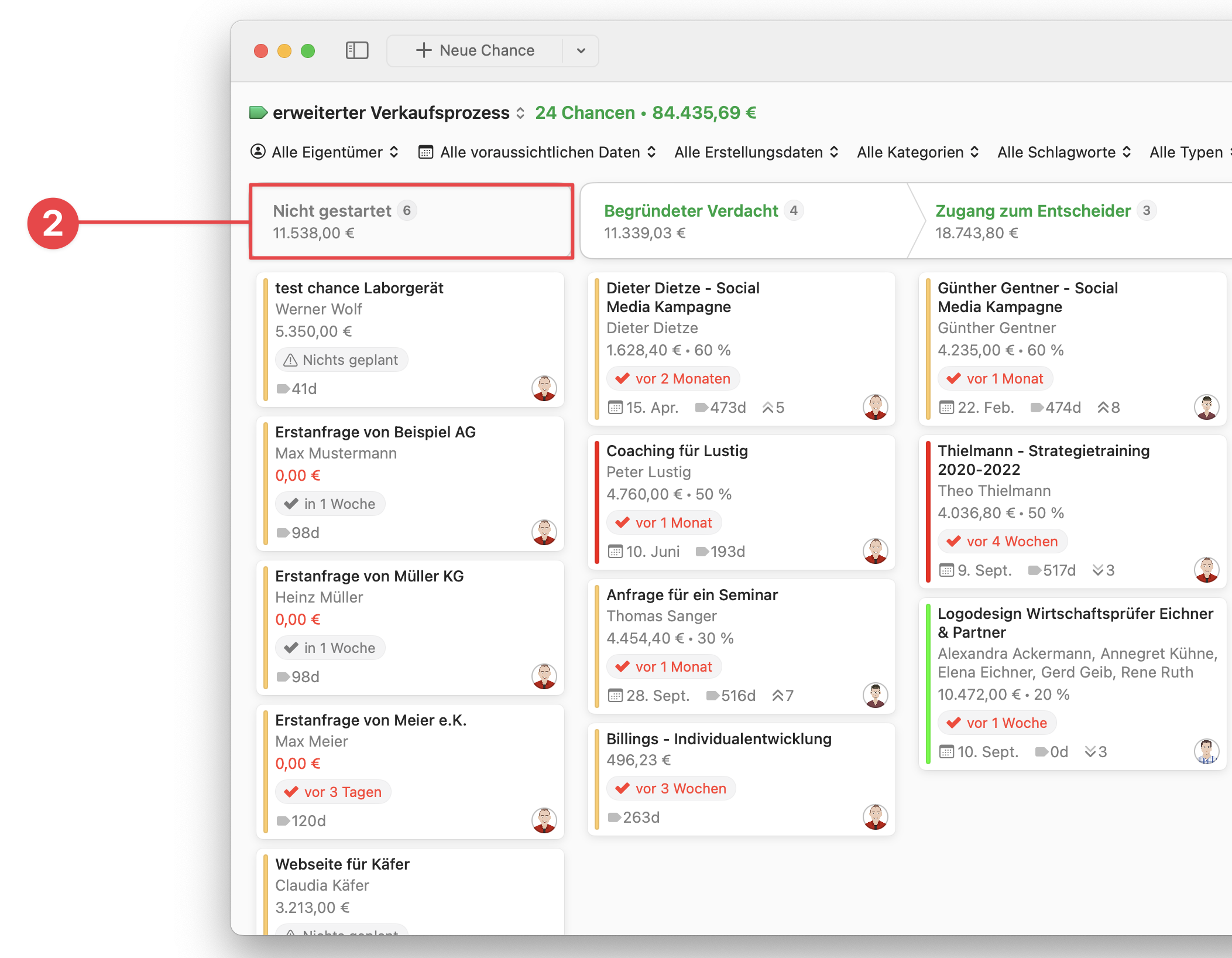 Opportunites Board showing Not Started Stage
