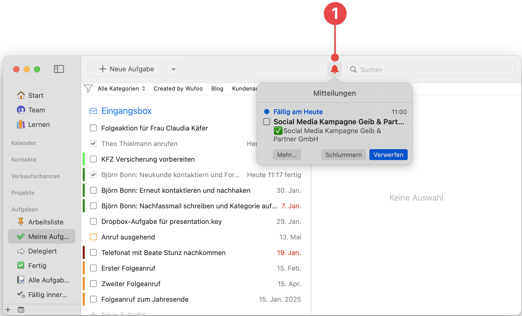 Daylite window showing Notifications popover