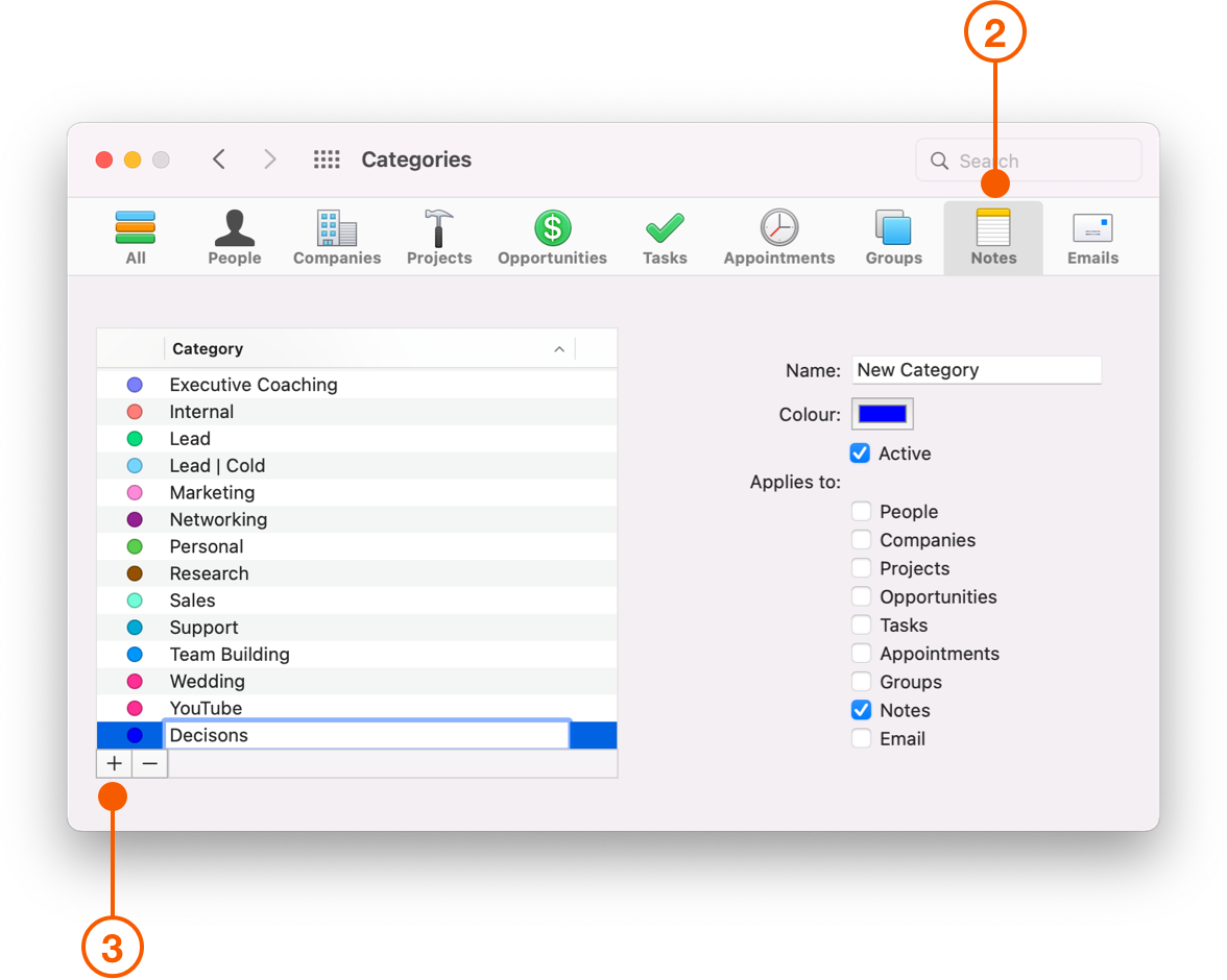 Categories preferences selecting Notes