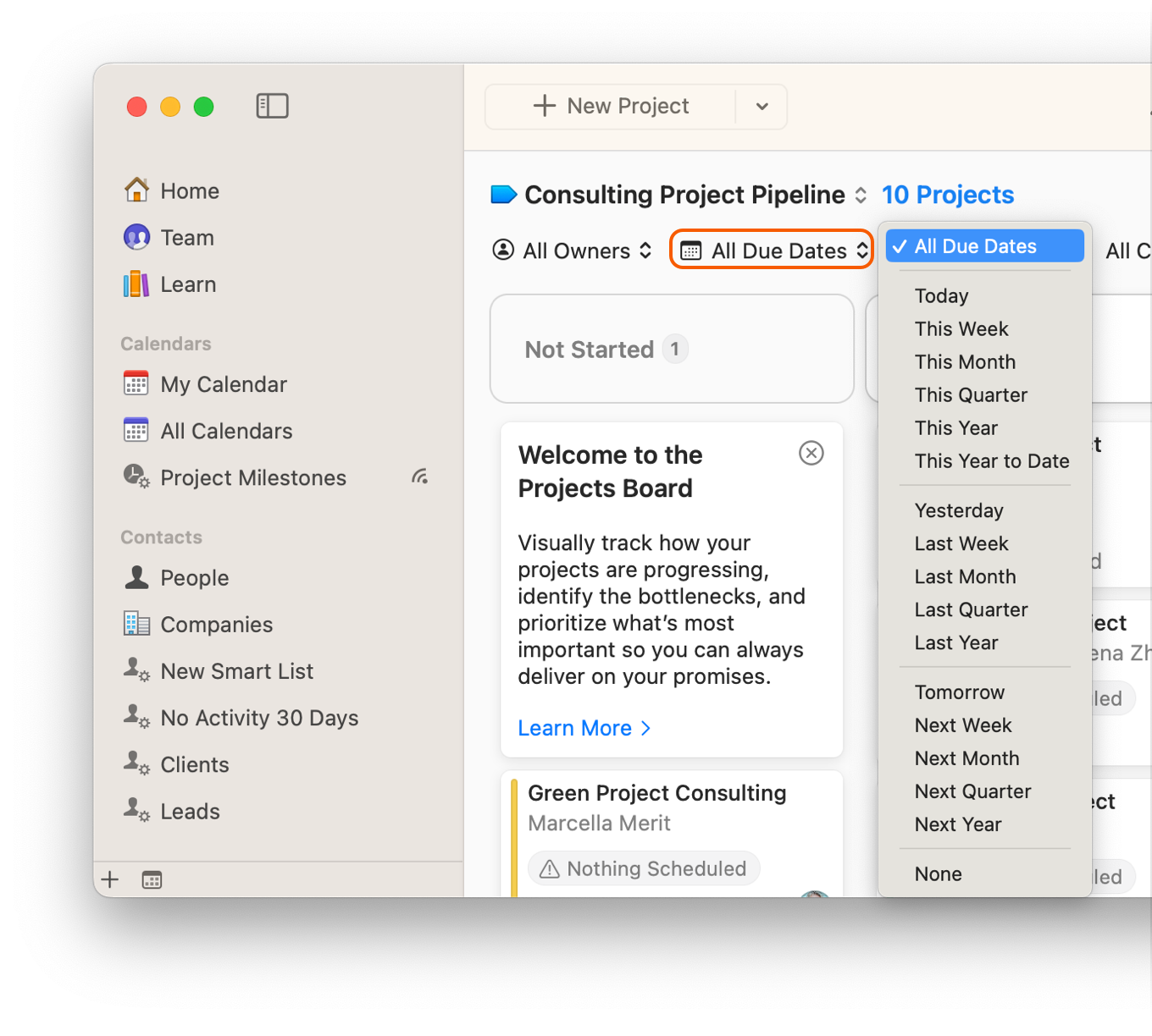 Projects Board showing filter by due date