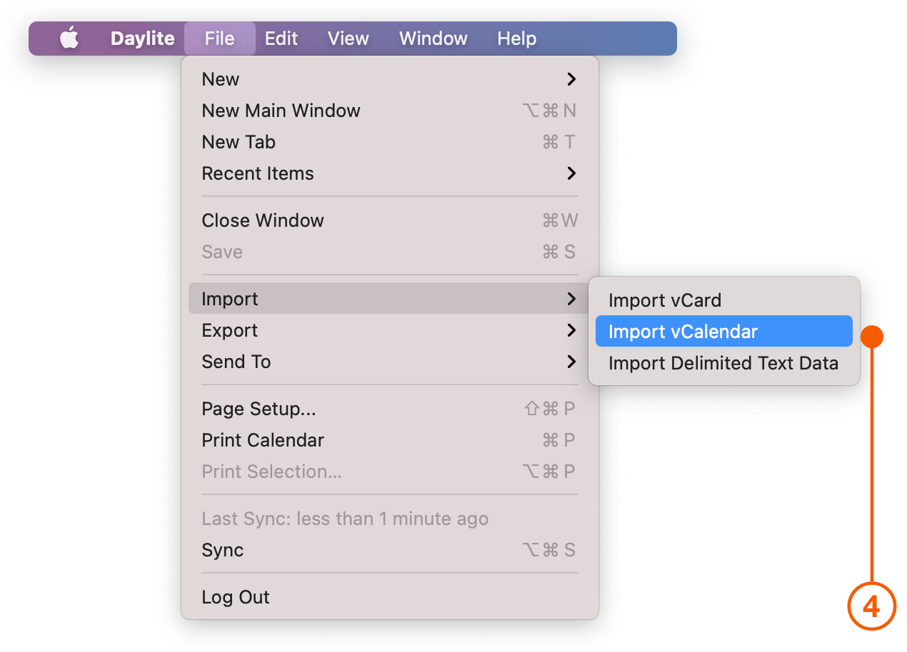 Daylite menu selecting Import vCard