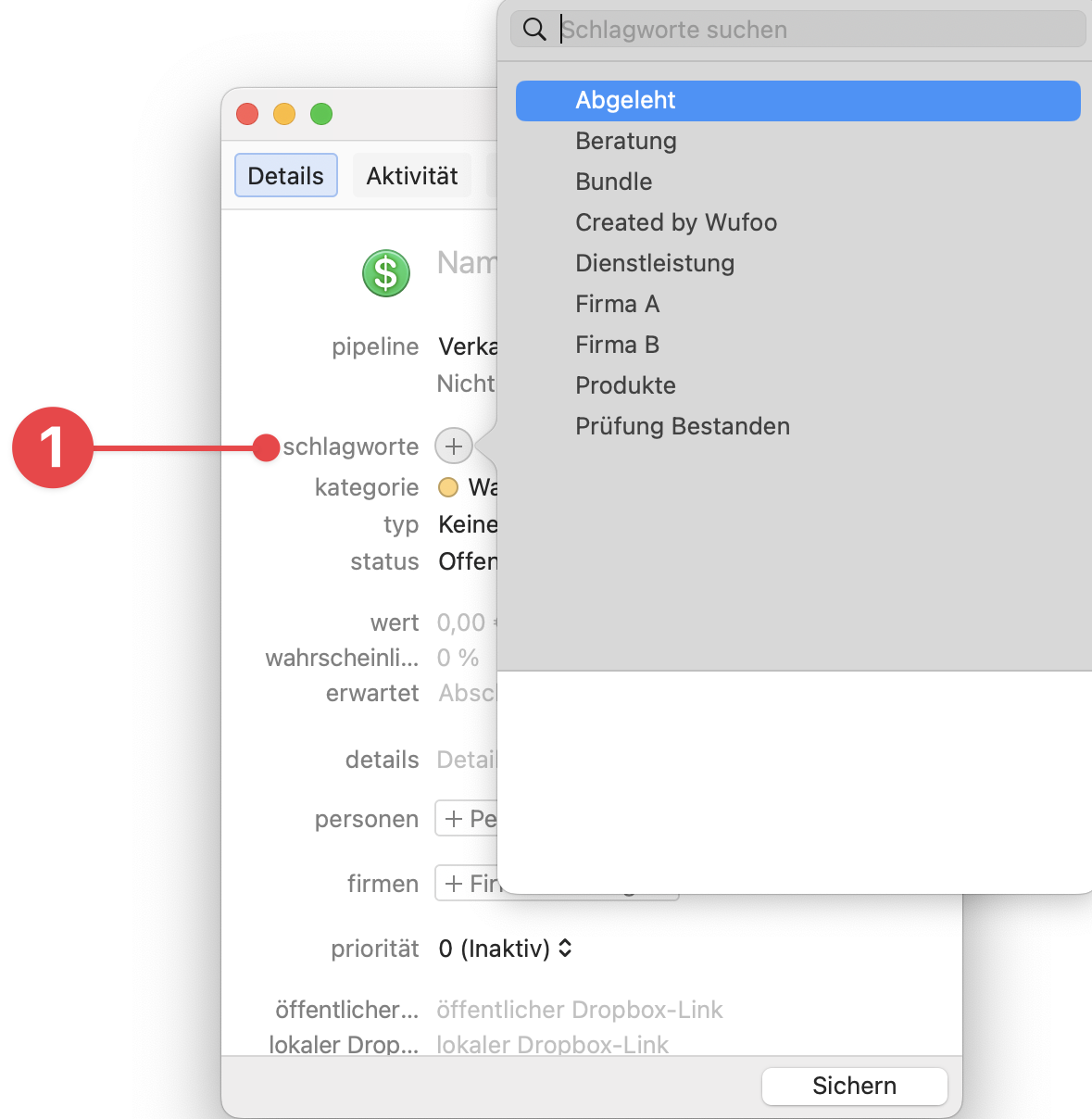 New Opportunity window showing Keywords popover