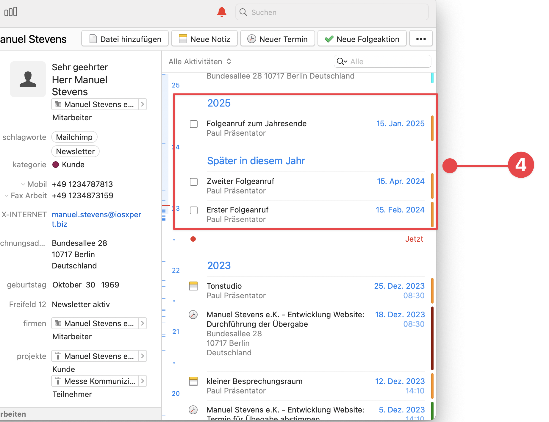 Details window showing linked follow up calls