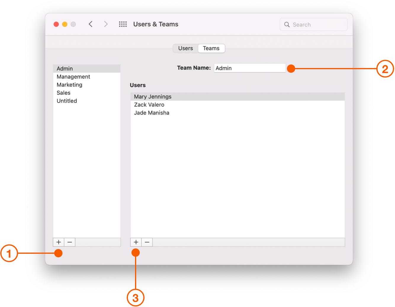 Users and Teams Preferences window showing created Teams