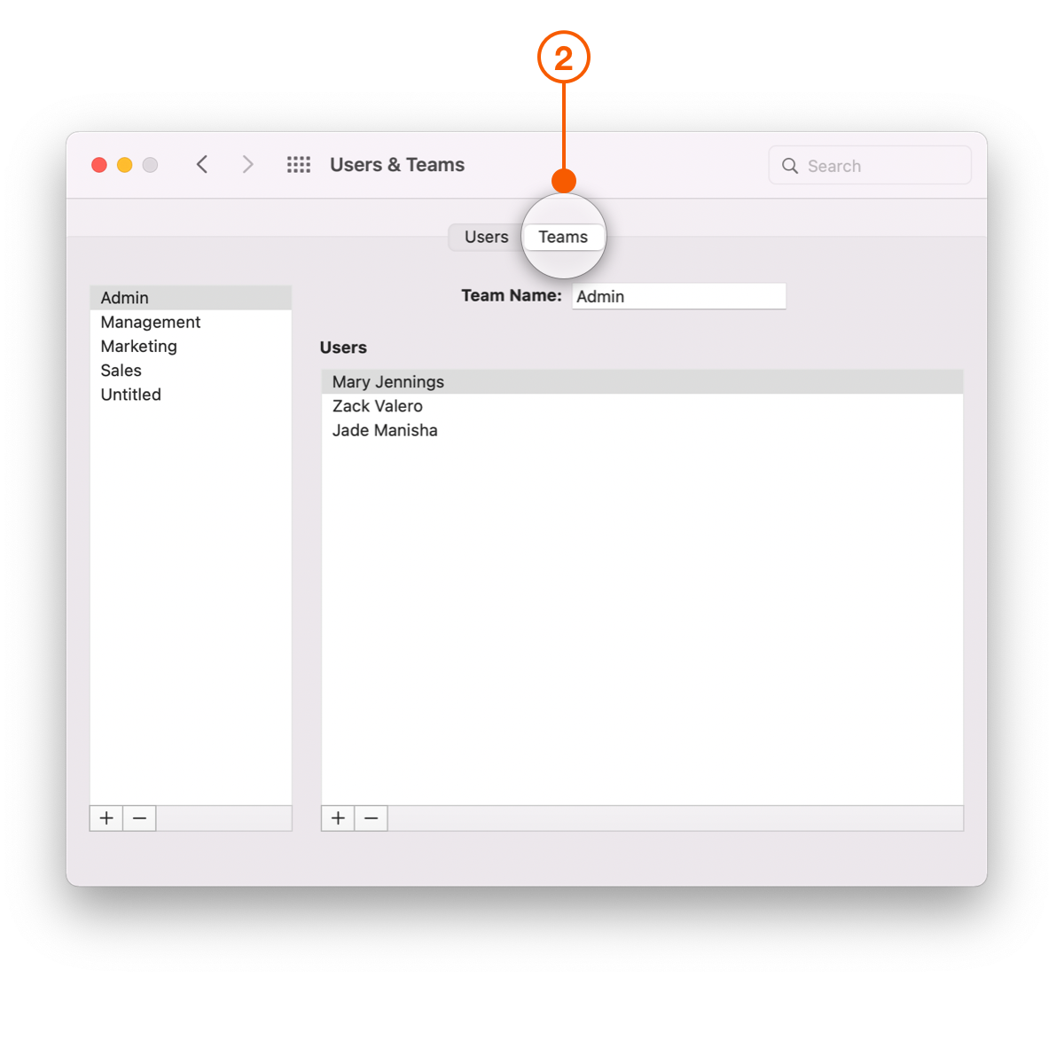 Users and Teams Preferences window selecting Teams tab