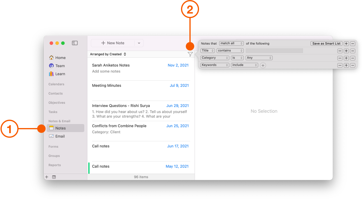 Notes View showing filter options