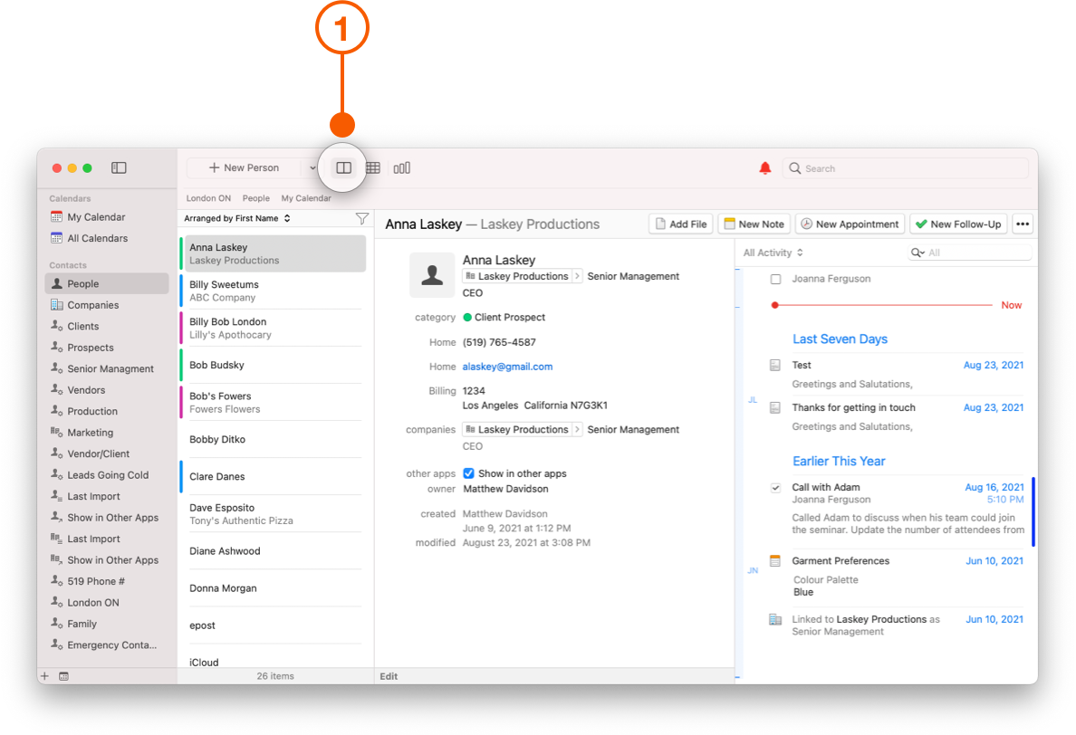 Daylite Contacts screen showing List View