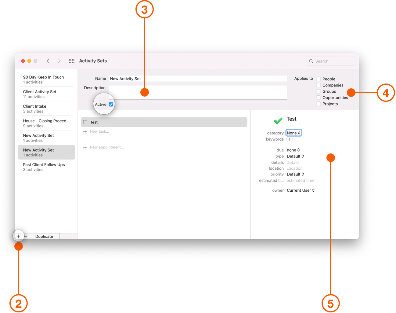 Activity Sets preferences showing New Activity Set