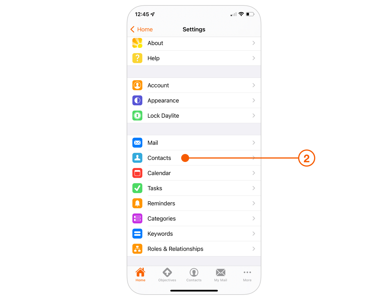 Daylite Settings screen selecting Contacts