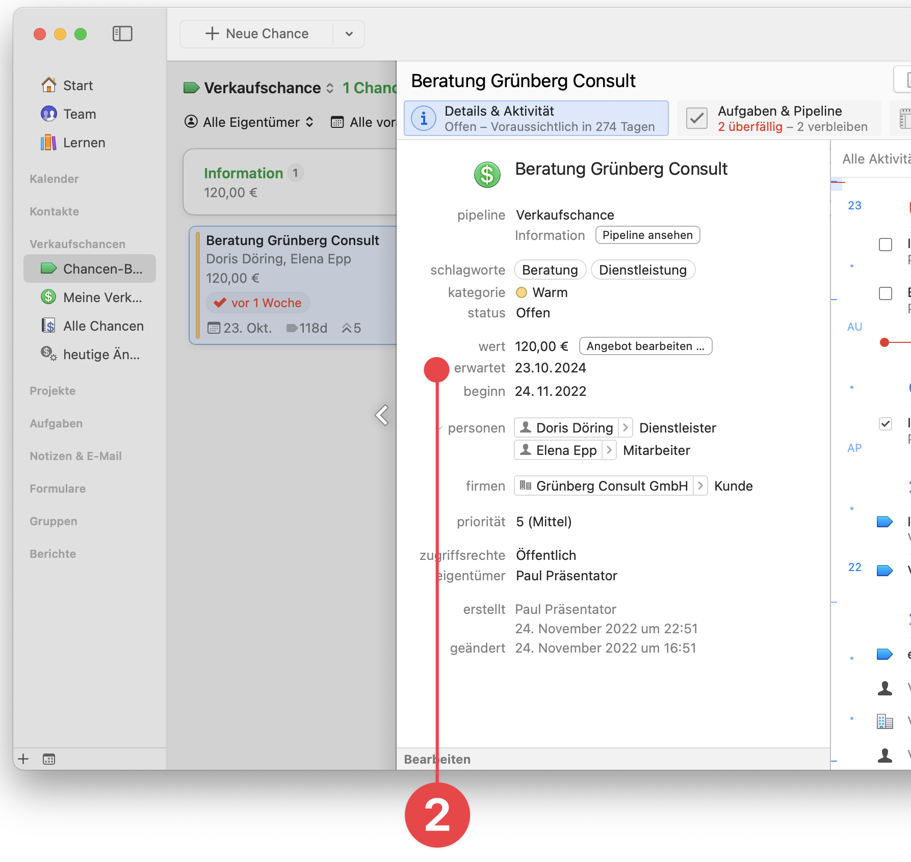 Opportunity window showing Details and Activty pane