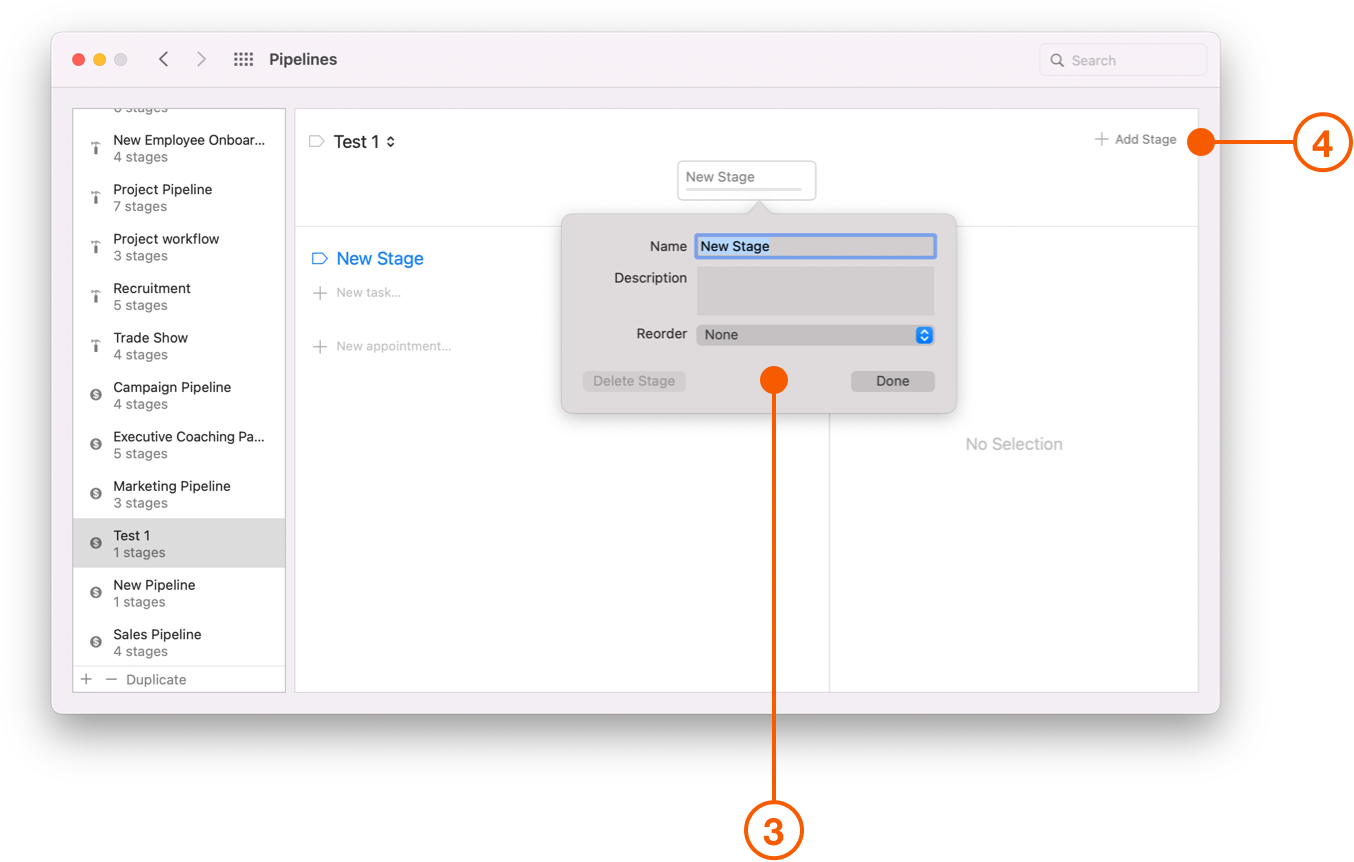 Pipelines screen showing New Stage options