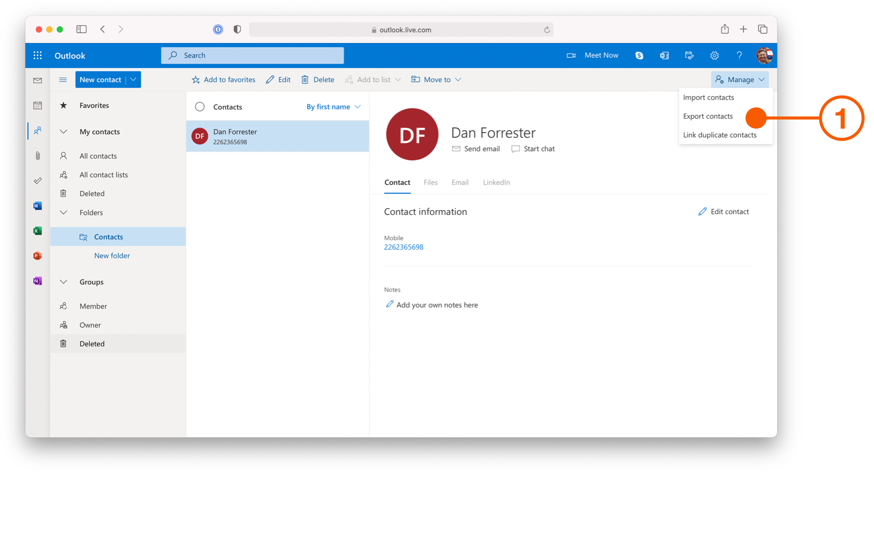 Outlook Contacts view