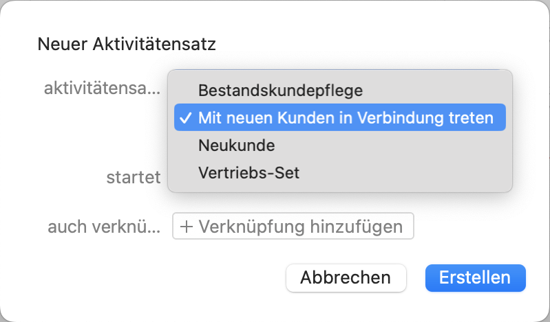 New Activity Set window selecting activity set menu