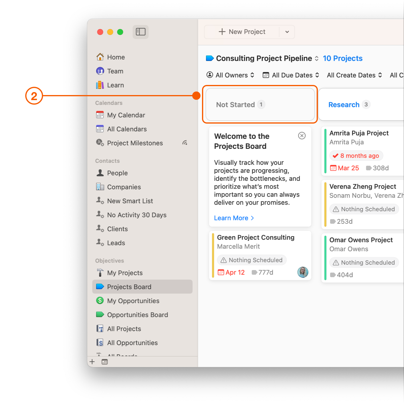 Projects Board showing Not Started Stage