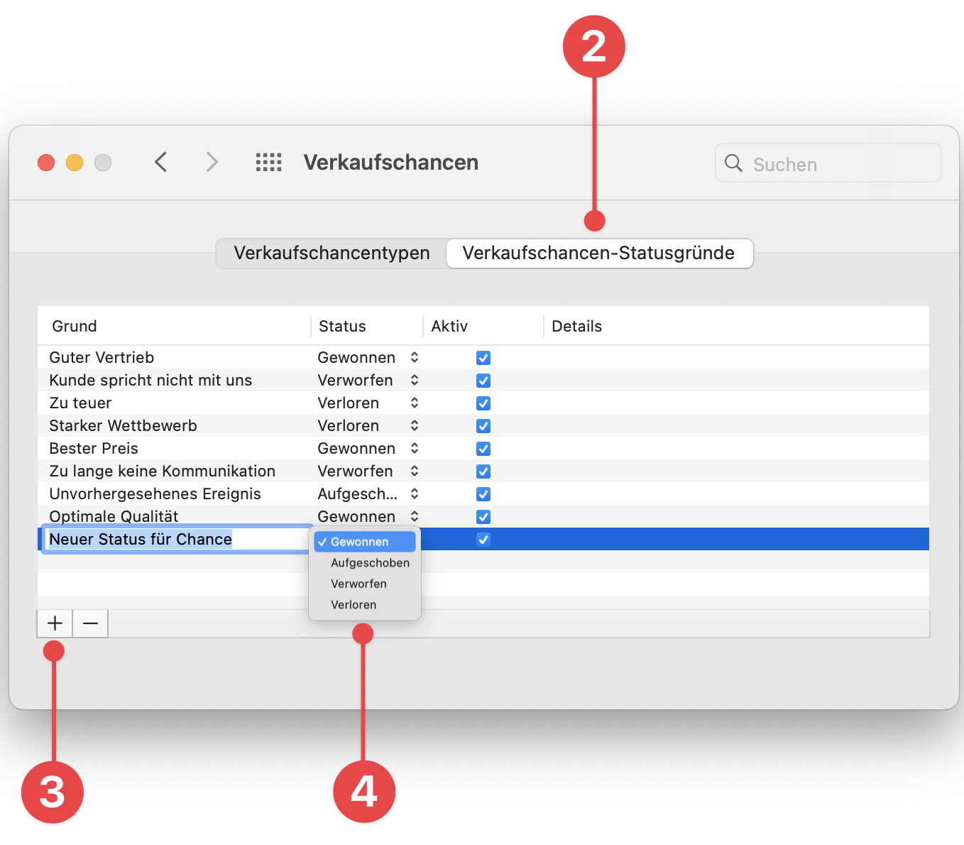 Opportunities Preferences window showing Opportunity State Reasons