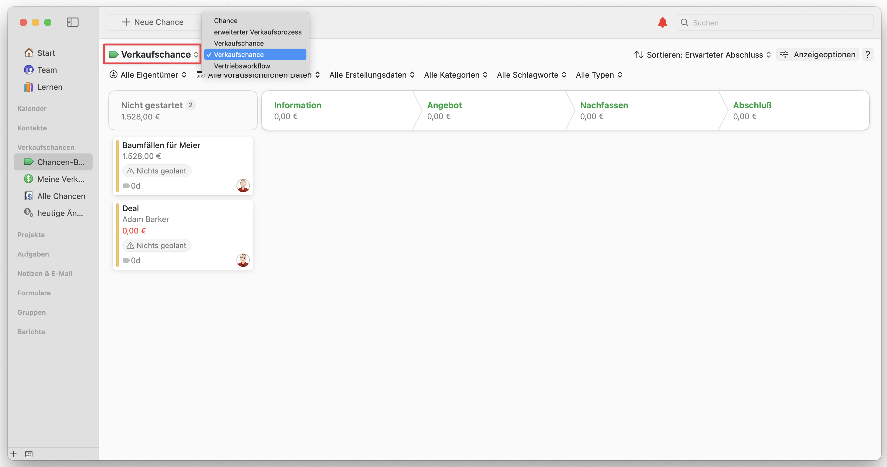 Opportunities Board showing Pipeline filter