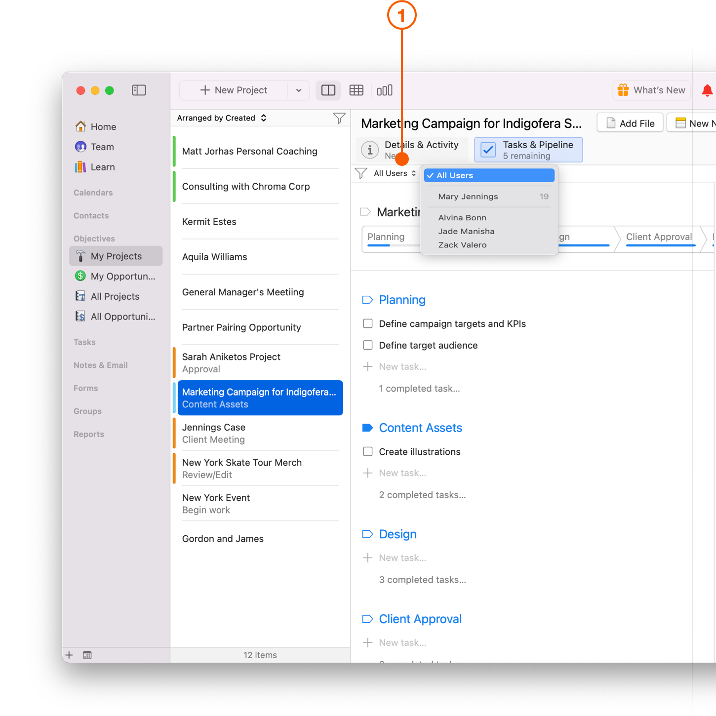 Tasks and Pipeline view showing Filter by User menu