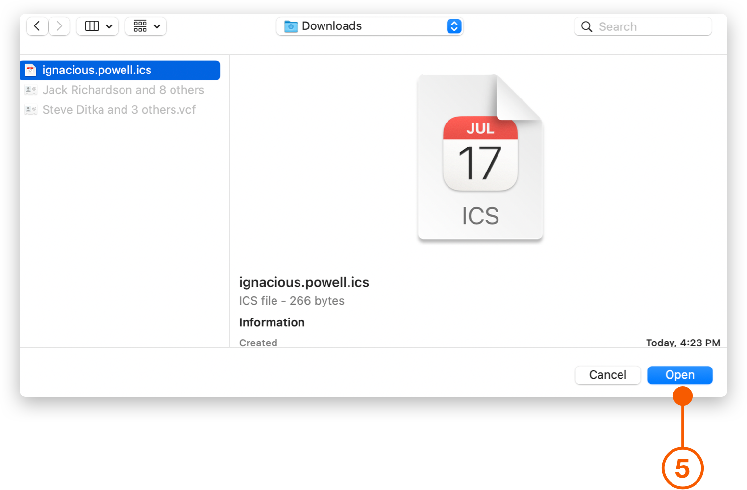 Open dialog selecting file in Downloads folder