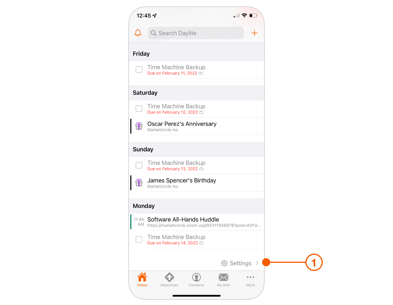 Daylite Home Screen selecting Settings