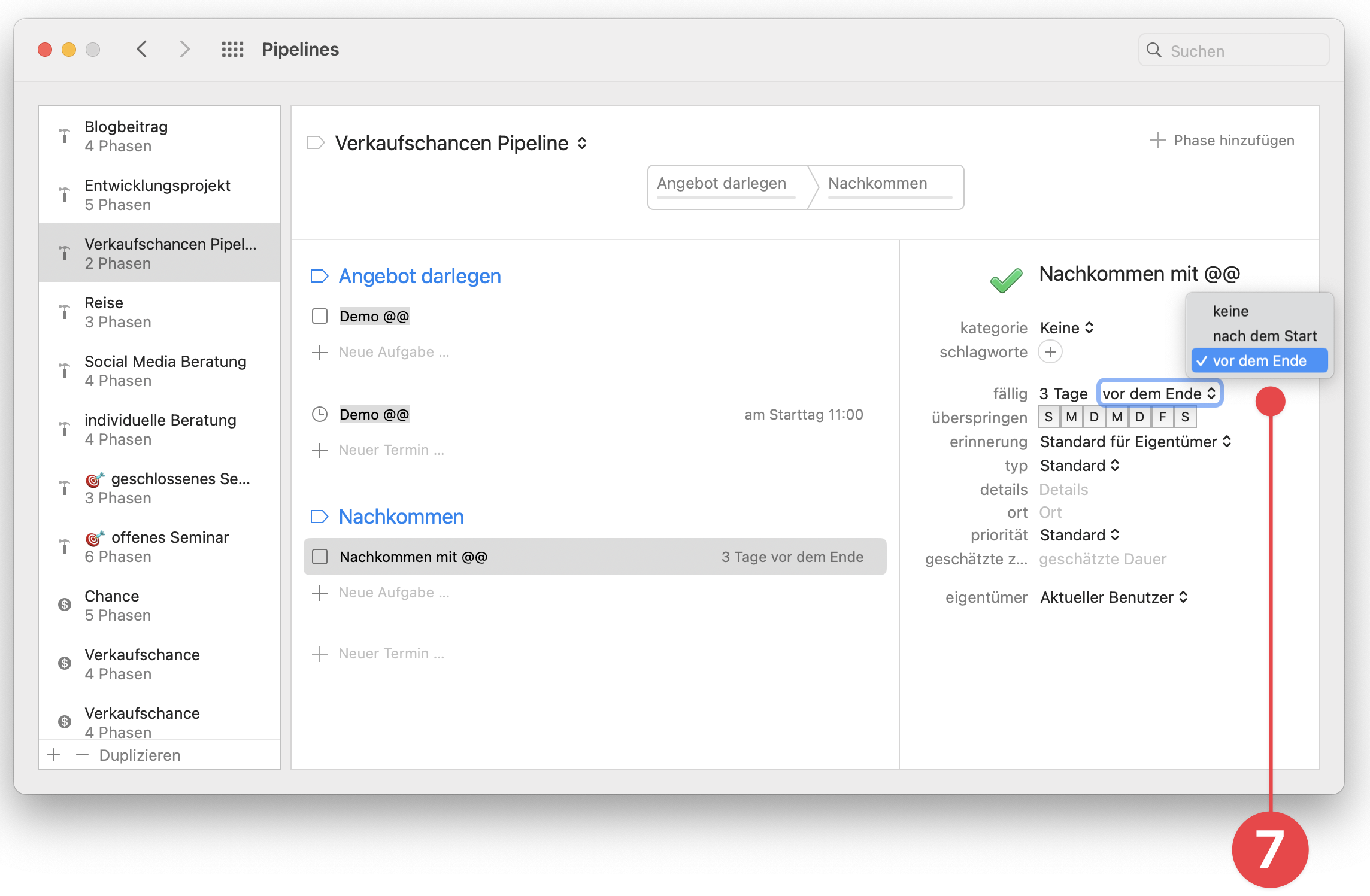 Pipelines Preferences window setting due date