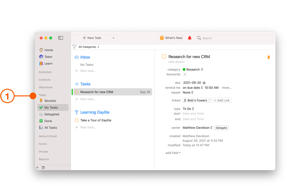 My Tasks View showing task selected