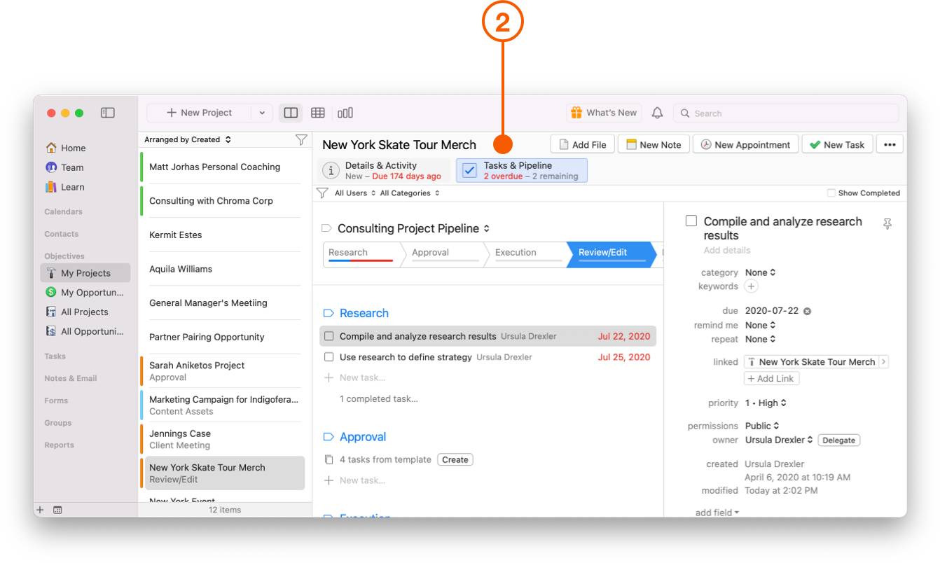 My Projects view showing Tasks and Pipeline