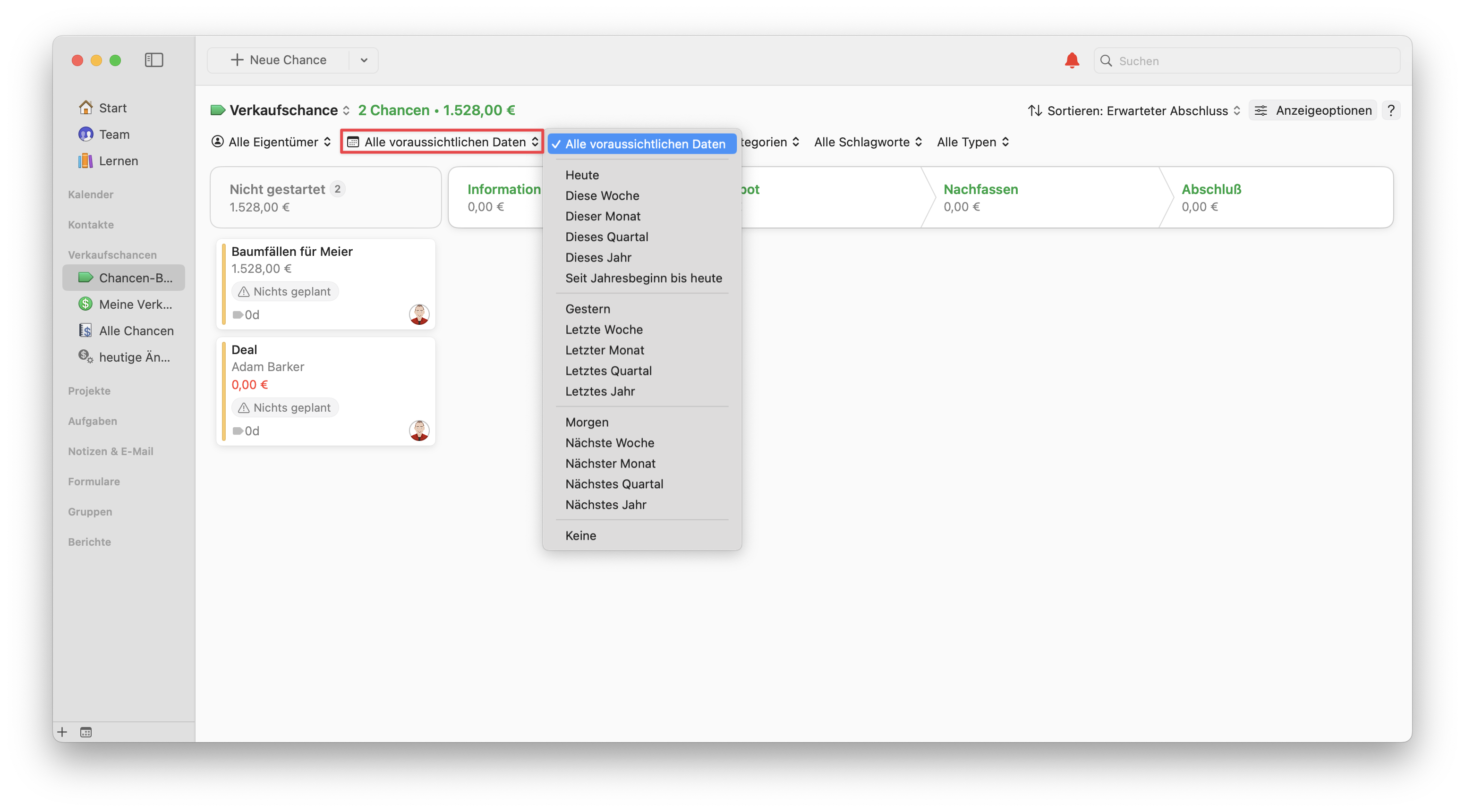 Opportunites Board showing filter by forecasted date
