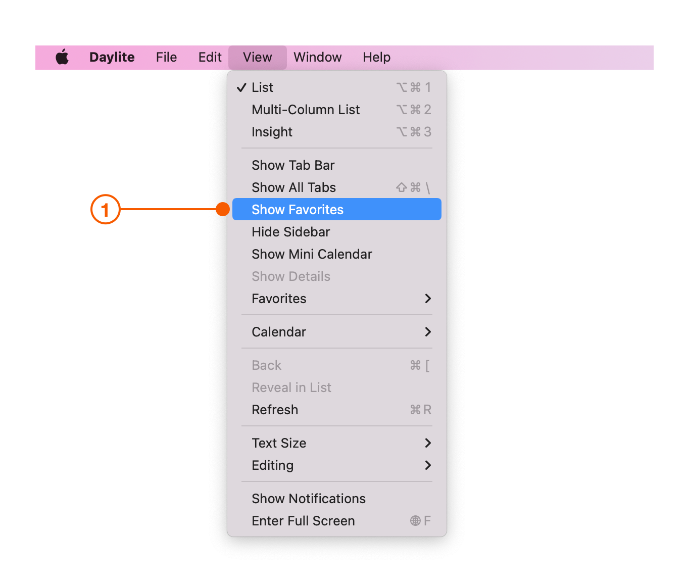 Daylite Edit Menu selecting Show Favourites