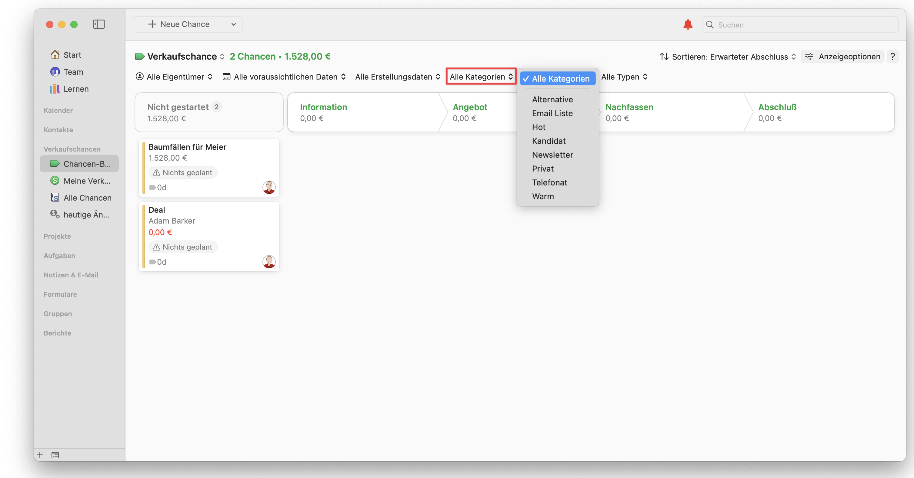 Opportunites Board showing filter by categories