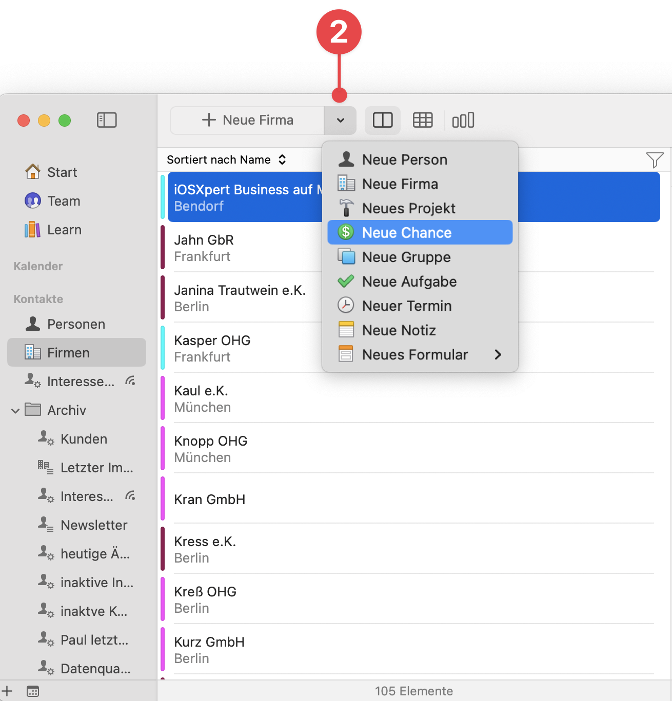 Companies View selecting New Opportunity from pull down button