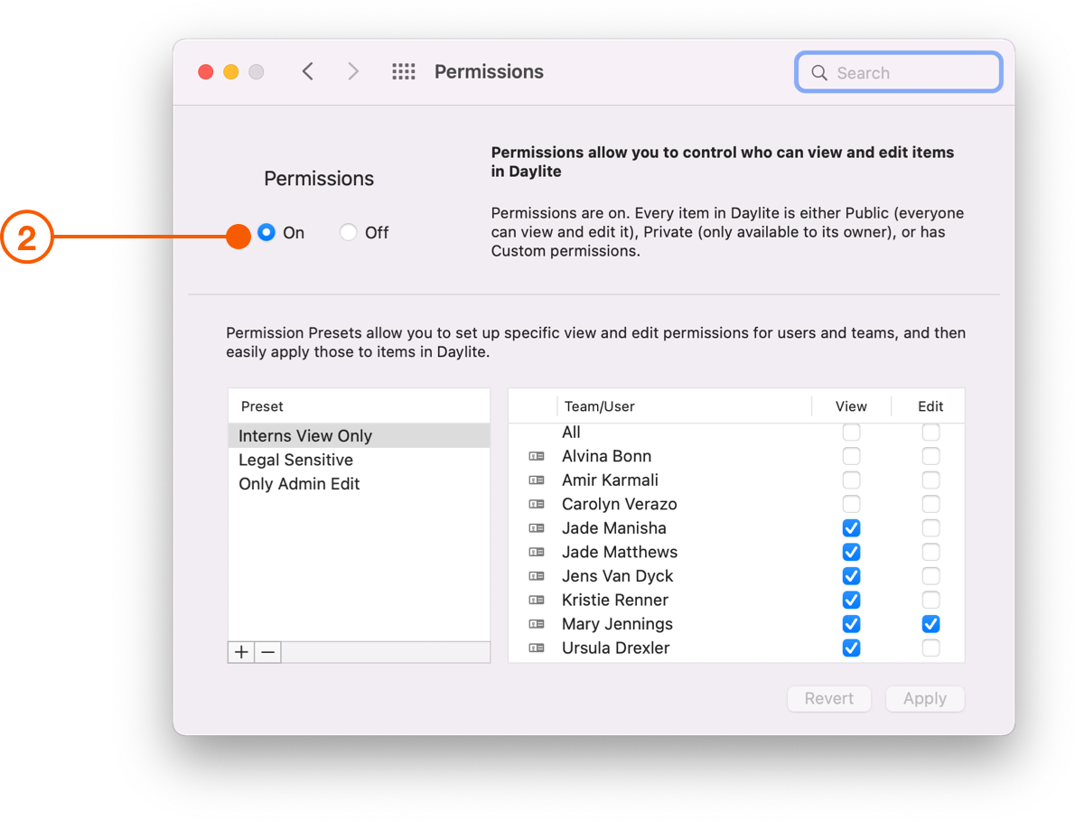 Permissions Preferences showing Permissions On