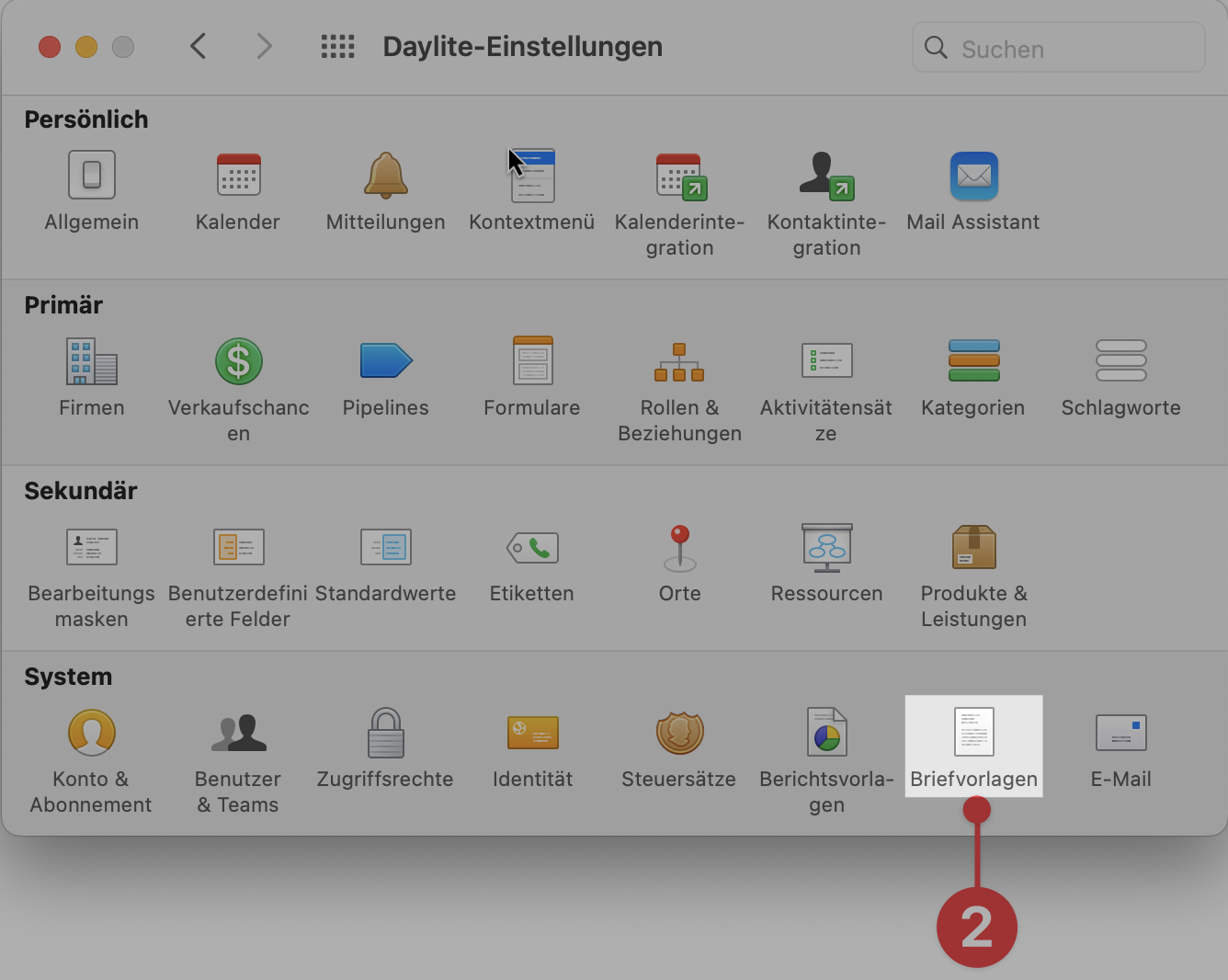 Daylite Preferences selecting Letter Templates