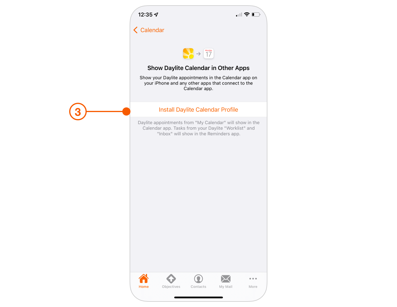 Daylite Calendar Settings selecting Install Daylite Calendar Profile