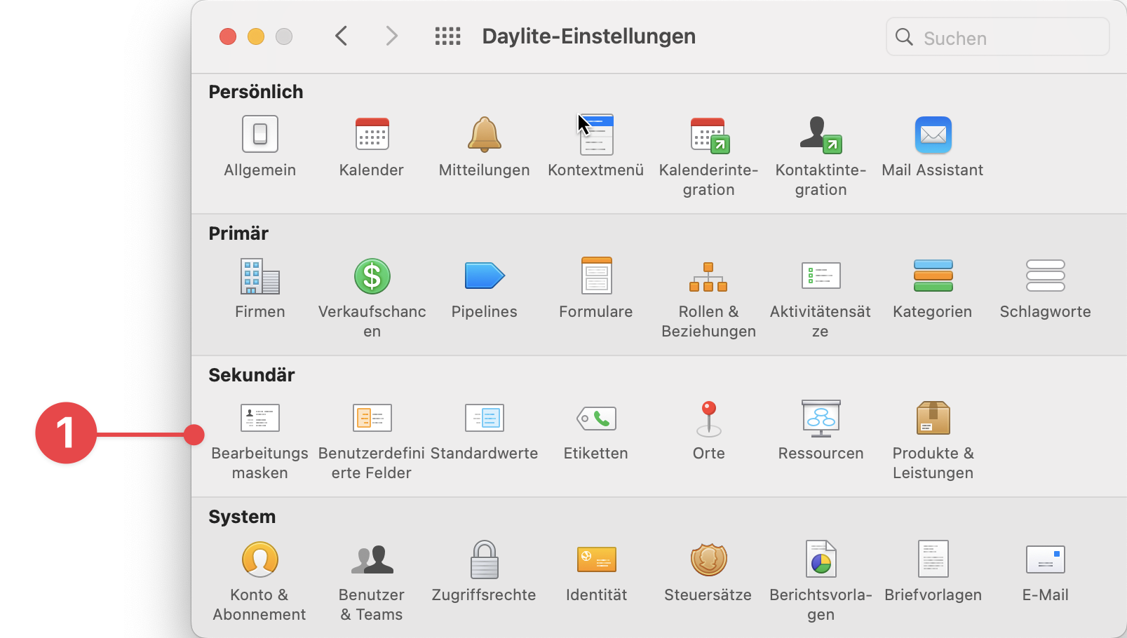 Daylite Preferences selecting Edit Cards