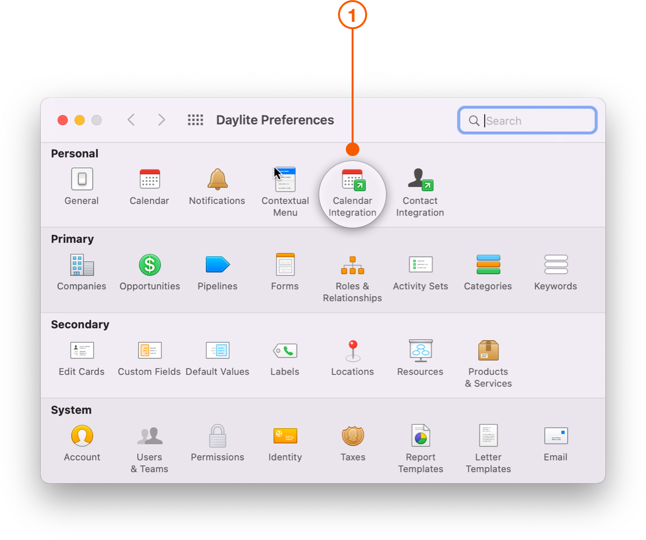 Daylite Settings Screen selecting Calendar Integration