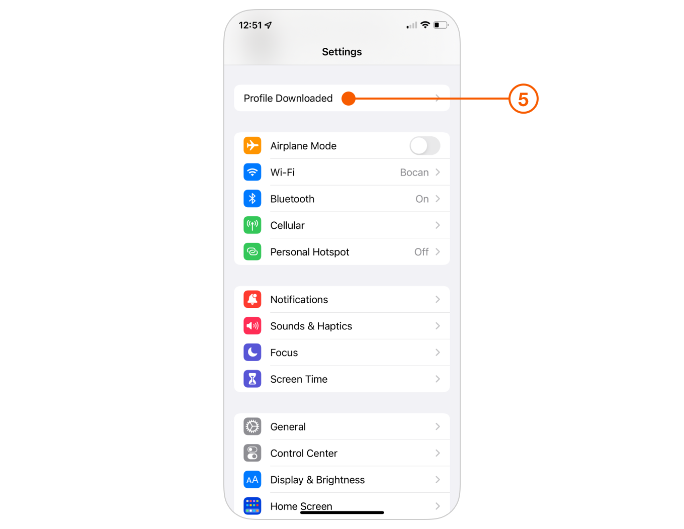 Settings app selecting Profile Downloaded