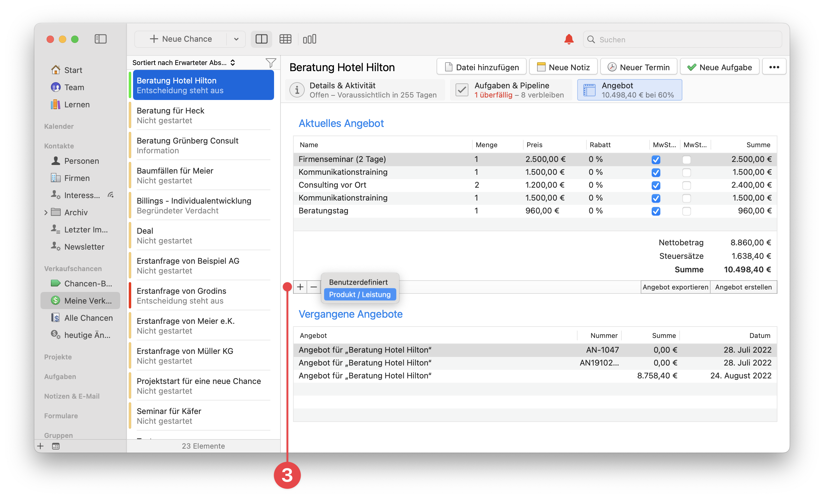 Opportunity Screen selecting Product/Service from plus button