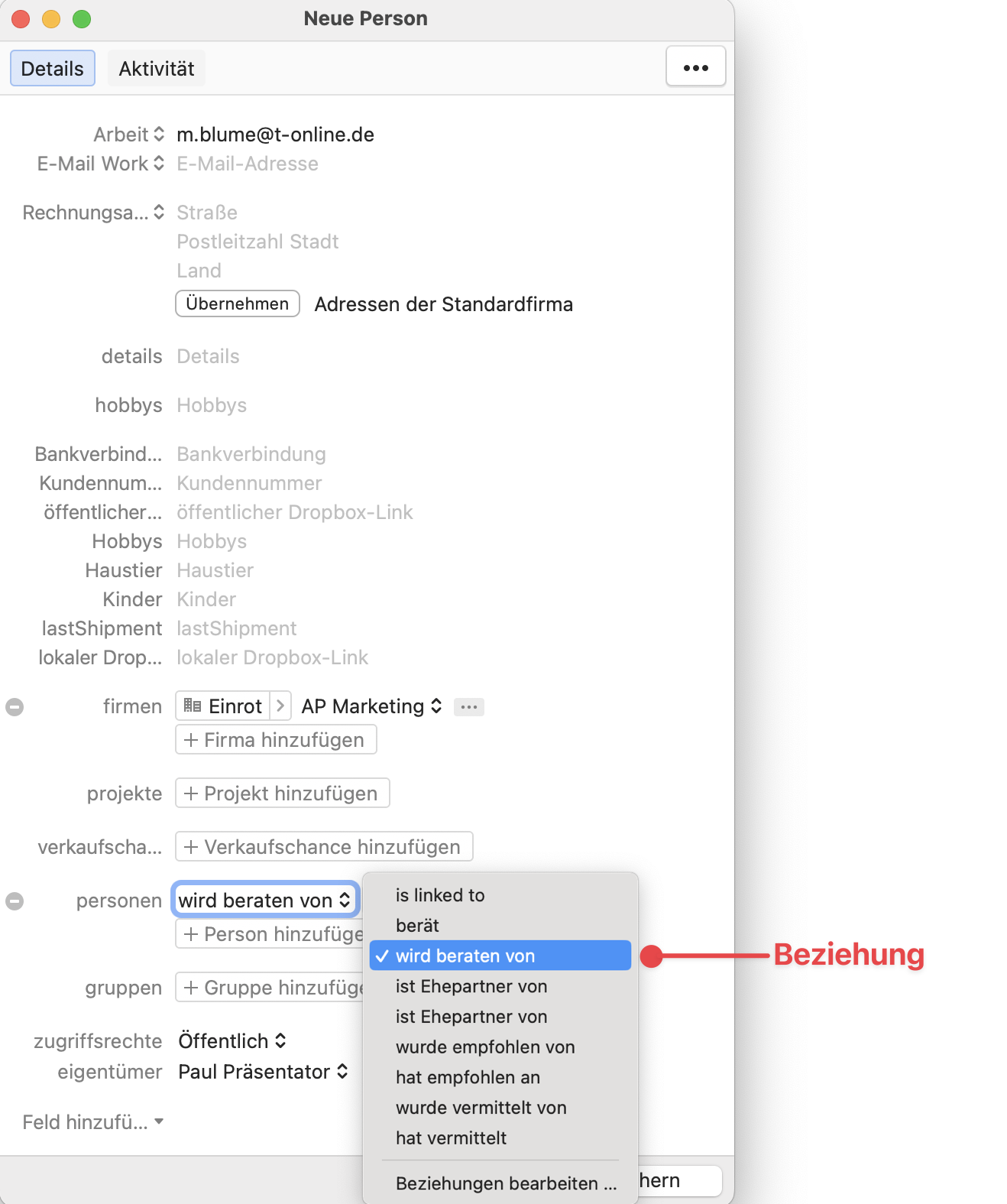 New Person window showing Relationships