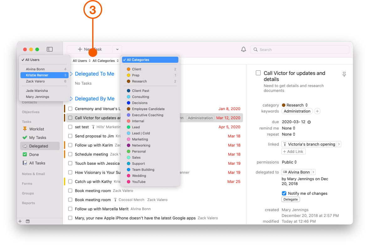 Delegated Task filter options