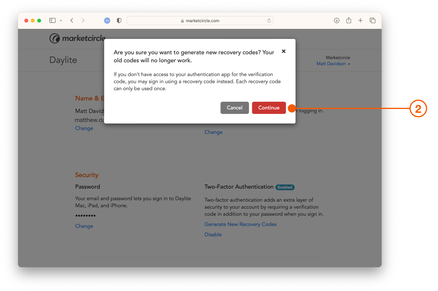 Daylite account showing generate new revovery codes confirmation