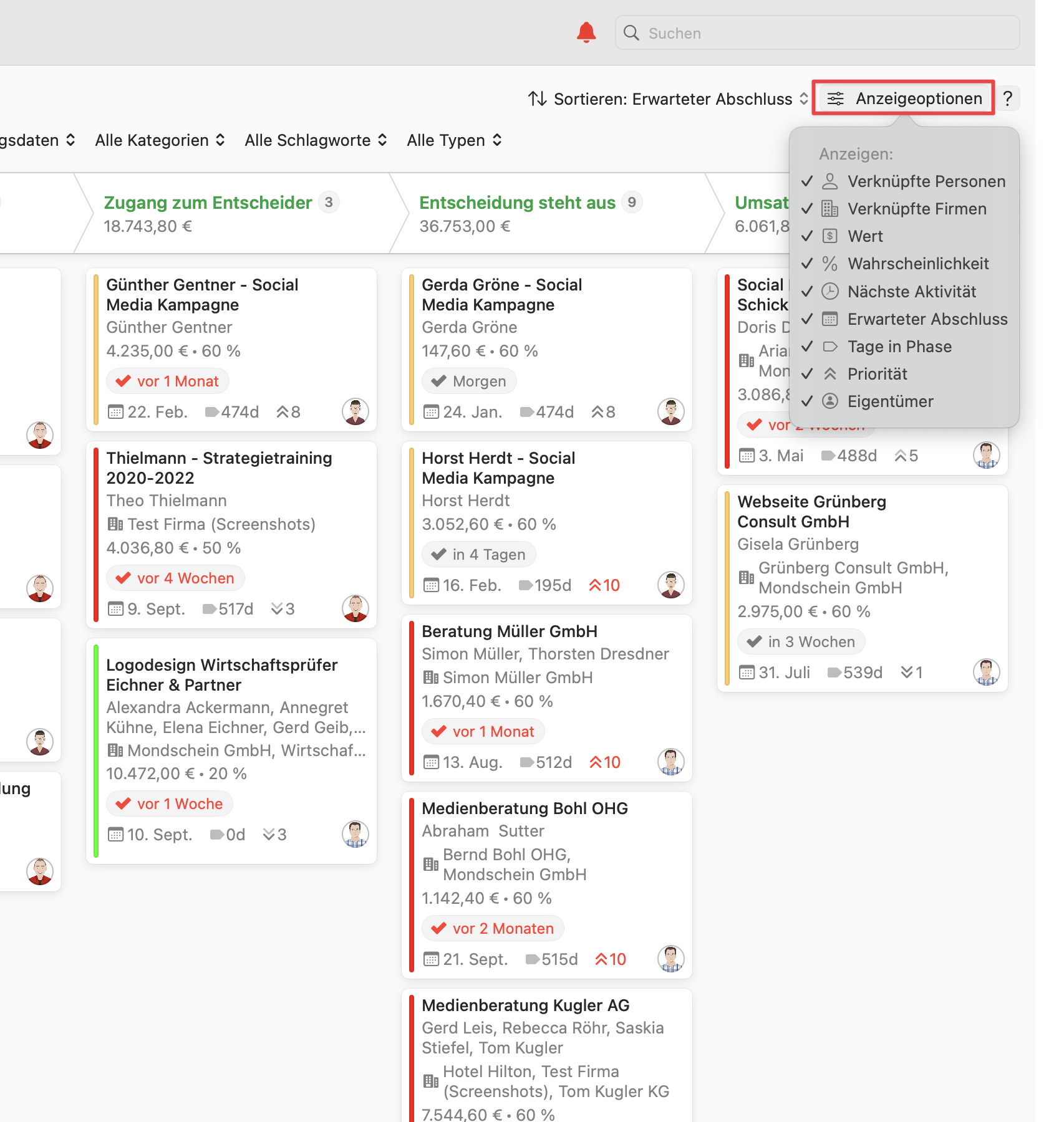 Opportunites Board showing View Options