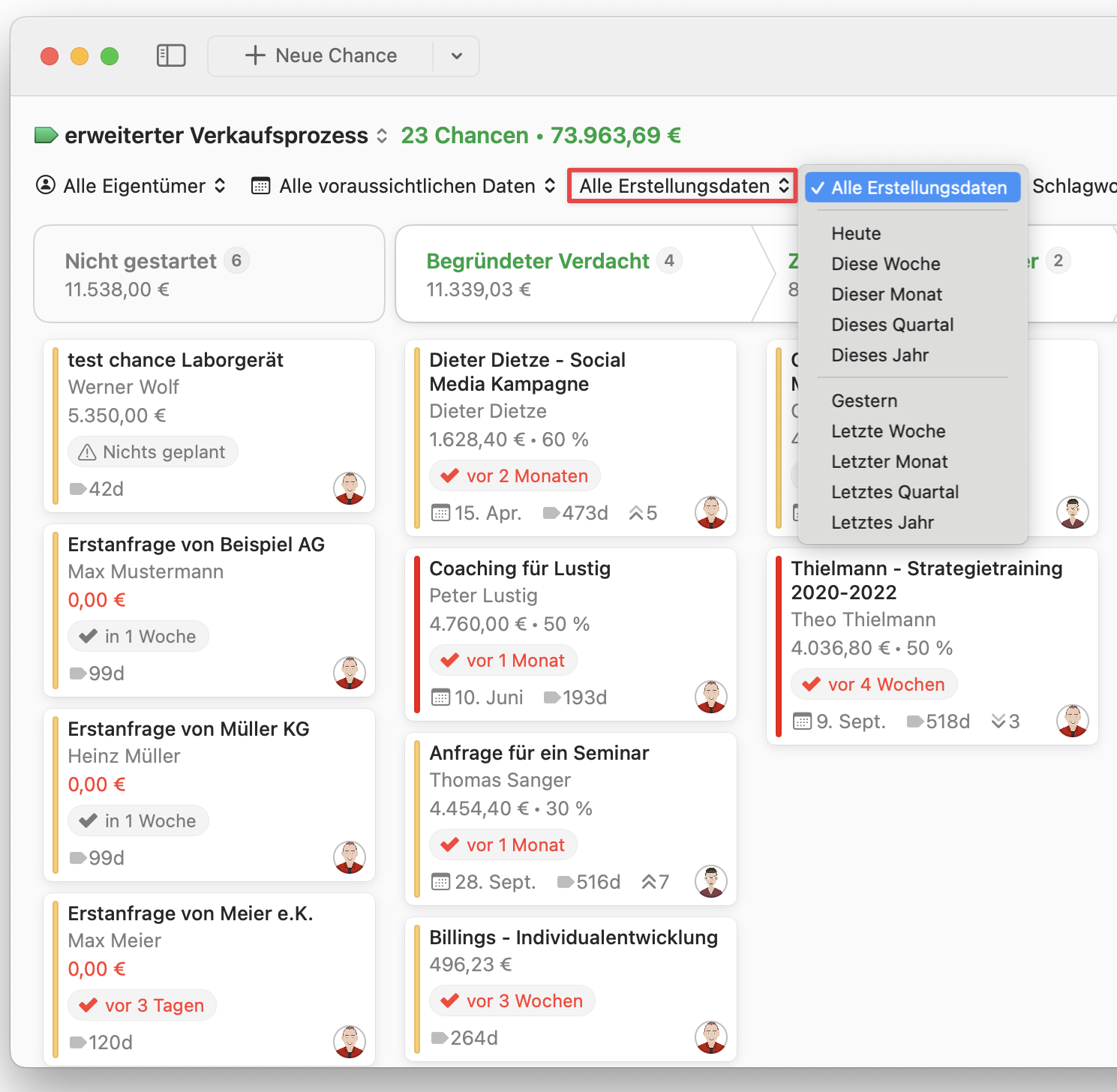 Opportunities Board showing categories filter