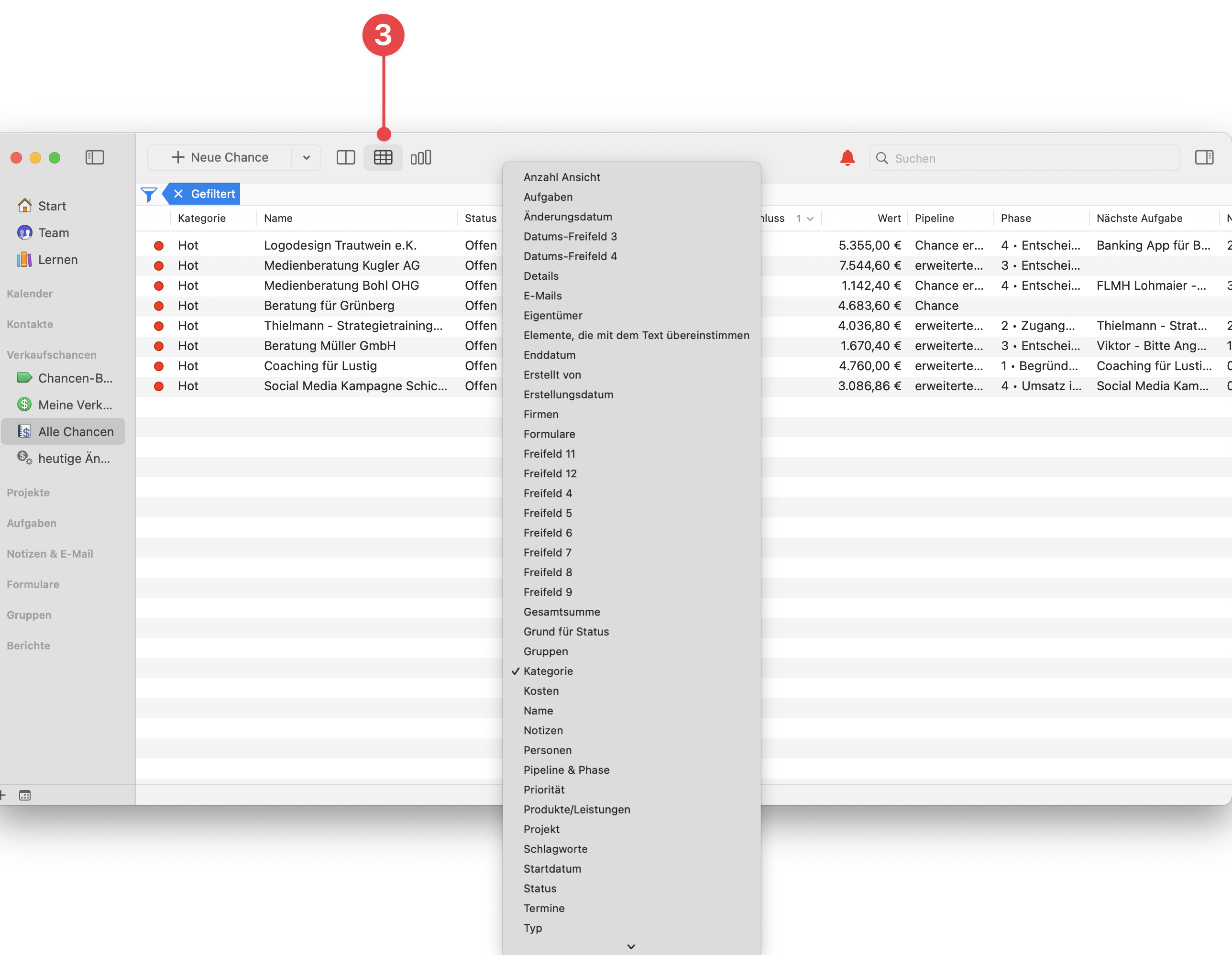 Multi-column List showing Column selector