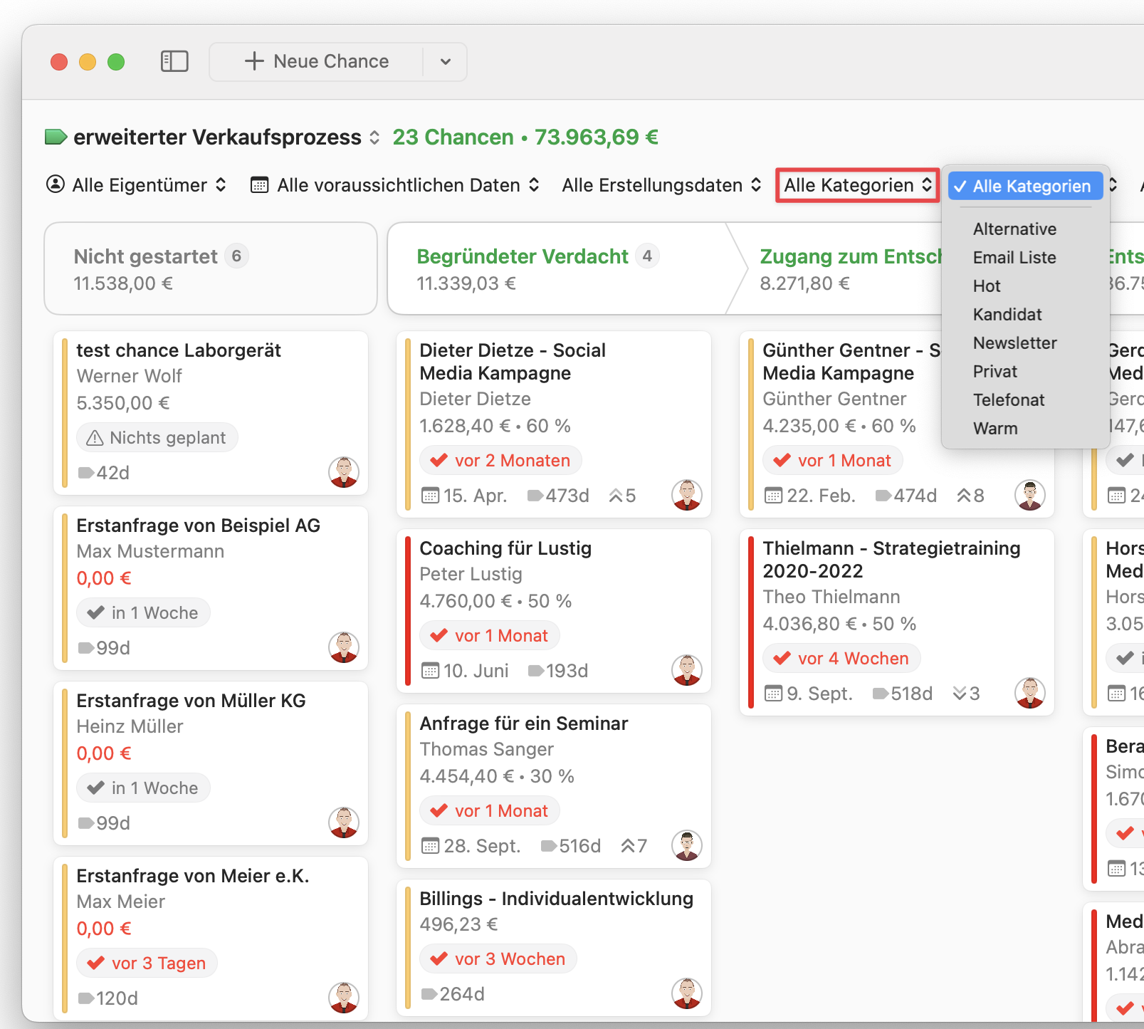 Opportunities Board showing created date filter