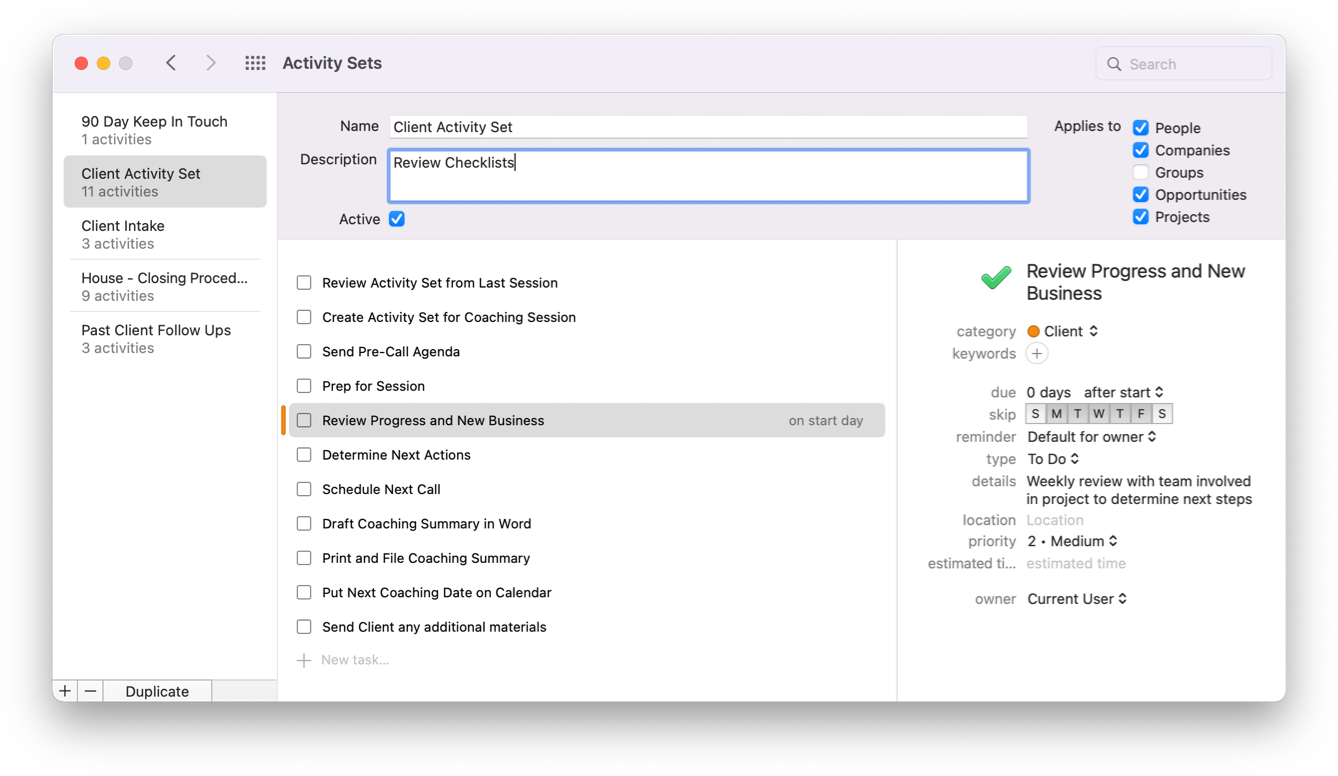 Activity Set screen showing checklist