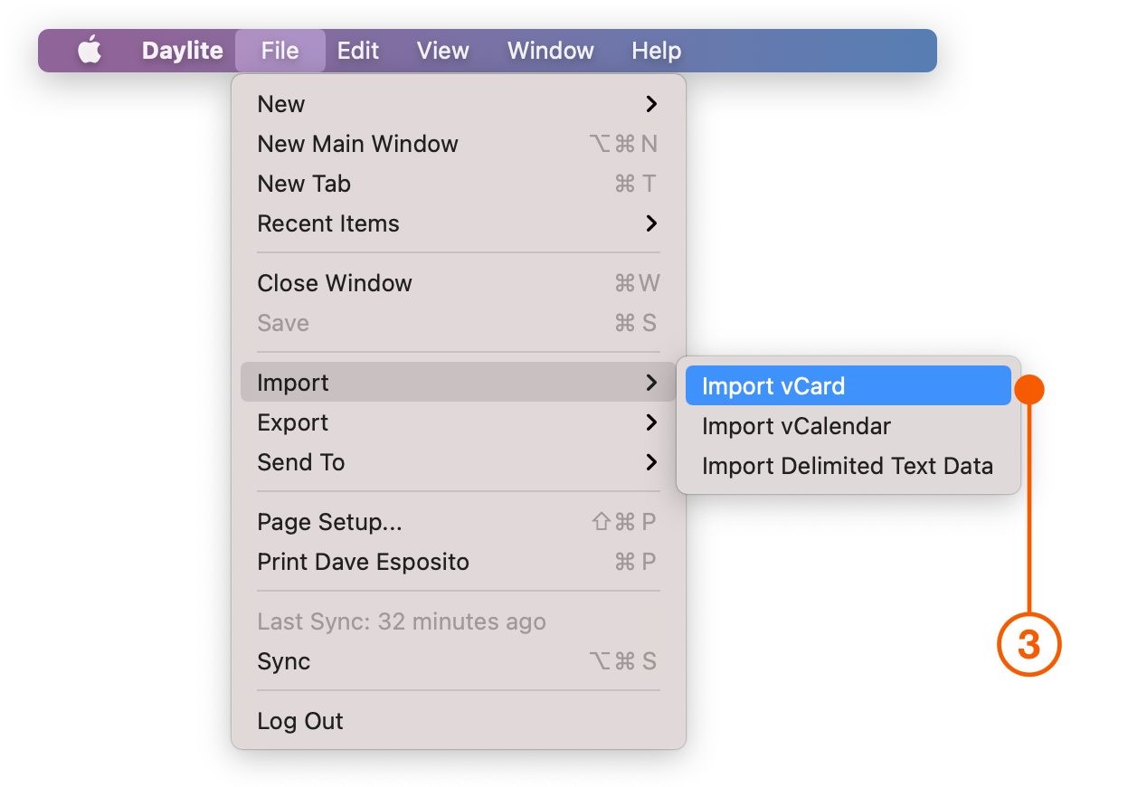 Daylite menu selecting Import vCard